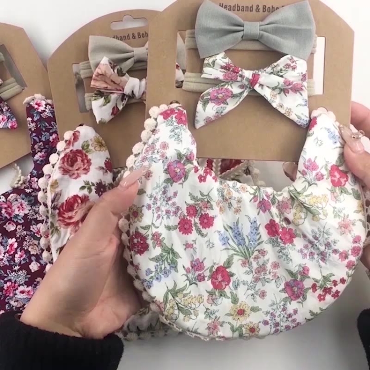 Baby Linen Cotton Printed Double-sided Saliva Towel Headband Set(DP021-3)