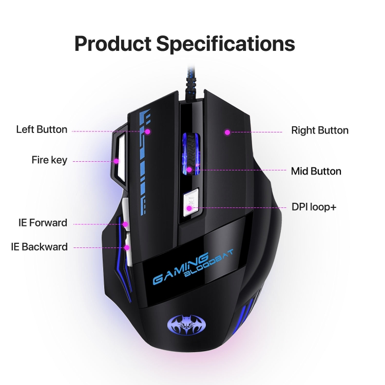 Gaming Bloodbat GM02 7 Teclas USB Wired Optoelectronics Game Mouse Digital Respiratory Lights Mouse - 5