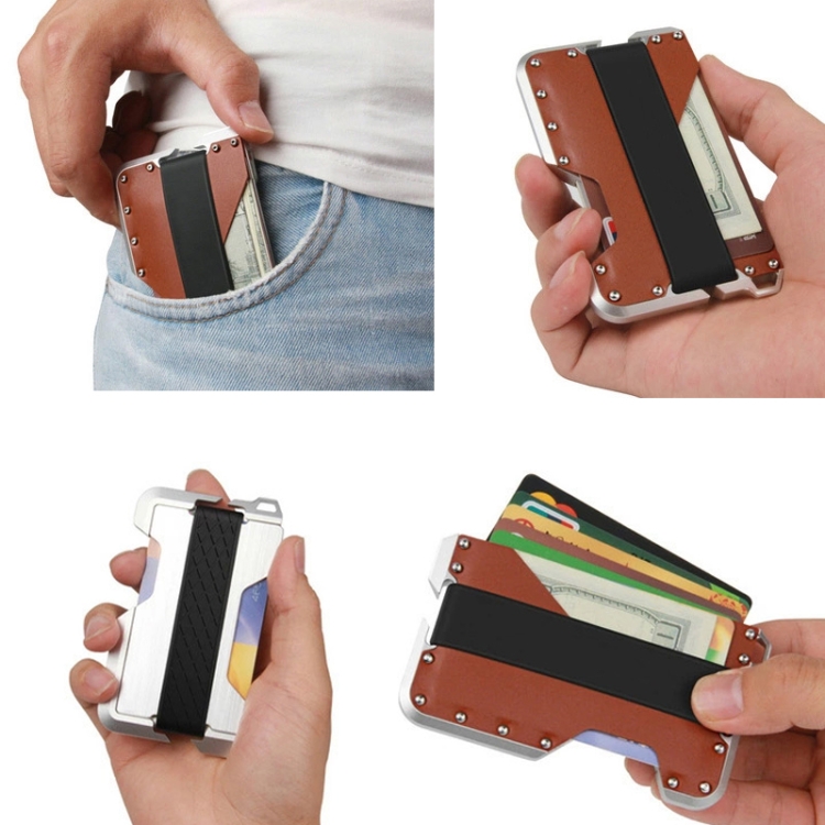 JK02 Metal Card Holder RFID Anti-Theft  Leather Wallet EDC Multifunctional Stainless Steel Aluminum Alloy Card Holder(Silver + Khaki  + Black ) - B4