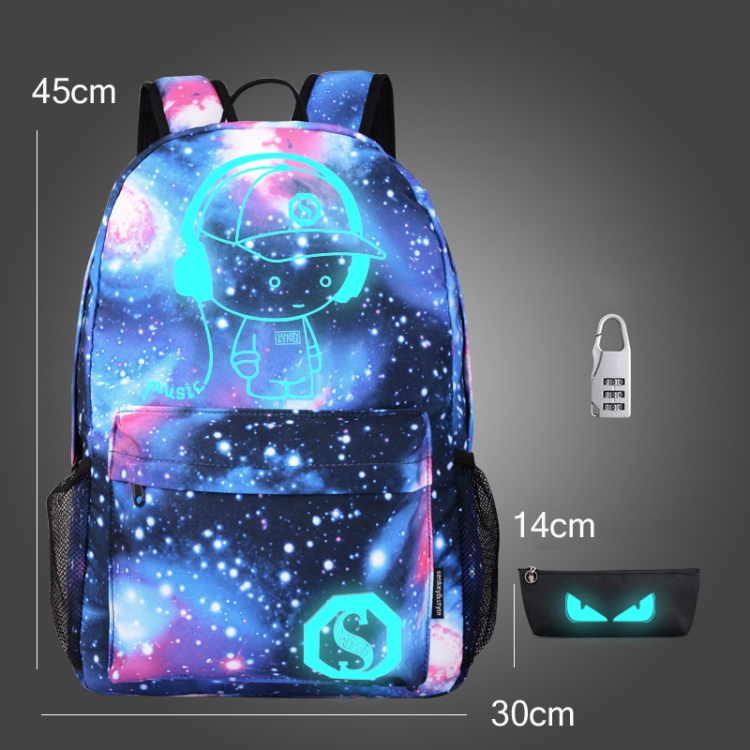 Mochila luminosa de la mochila luminosa del cielo estrellado Oxford Mochila impresa con la caja de la pluma y el bloqueo antirrobo, Especificación :, Color: Star Blue Music Kid - 1