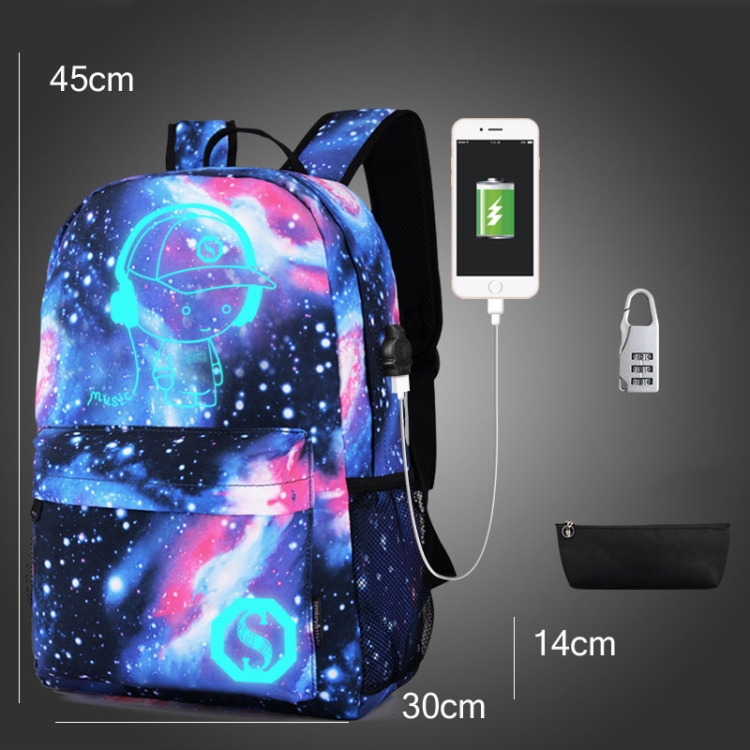 Mochila luminosa de la mochila luminosa del cielo estrellado Oxford Mochila impresa con la caja de la pluma y el bloqueo antirrobo, Especificación :, Color: Star Blue Music Kid (USB) - 1