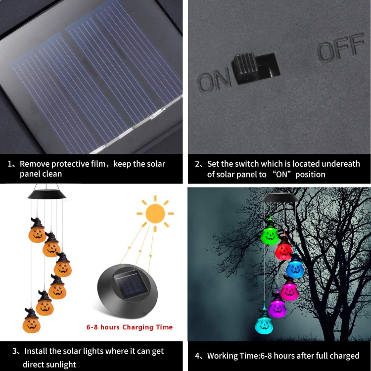 6 LED Solar Wind Chime Lamp Halloween Garden Decoration Pumpkin Lamp  Holiday Gift(Black Shell)
