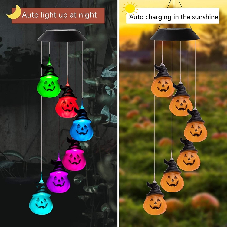 6 LED Solar Wind Chime Lamp Halloween Garden Decoration Pumpkin Lamp  Holiday Gift(Black Shell)
