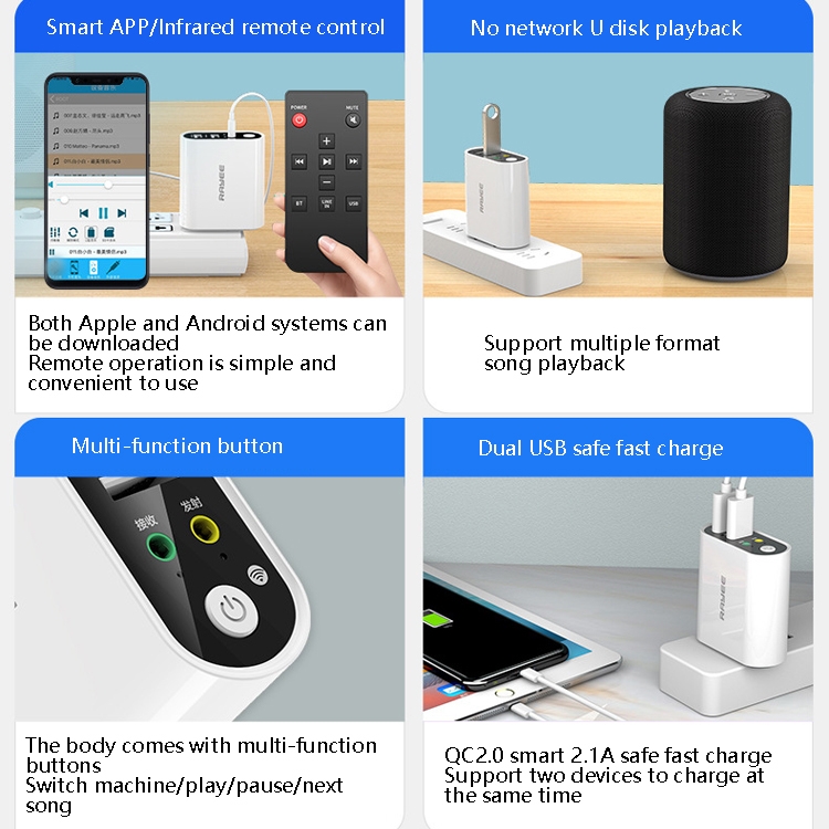 RAYEE K8 Remote Control Version 2 in 1 Bluetooth 5.0 Receiver & Transmitter Audio Adapter Support Fast Charge U Disk, US Plug RAYEE K8 Remote Control Version 2 in 1 Bluetooth 5.0 Receiver & Transmitter Audio Adapter Support Fast Charge U Disk, US Plug