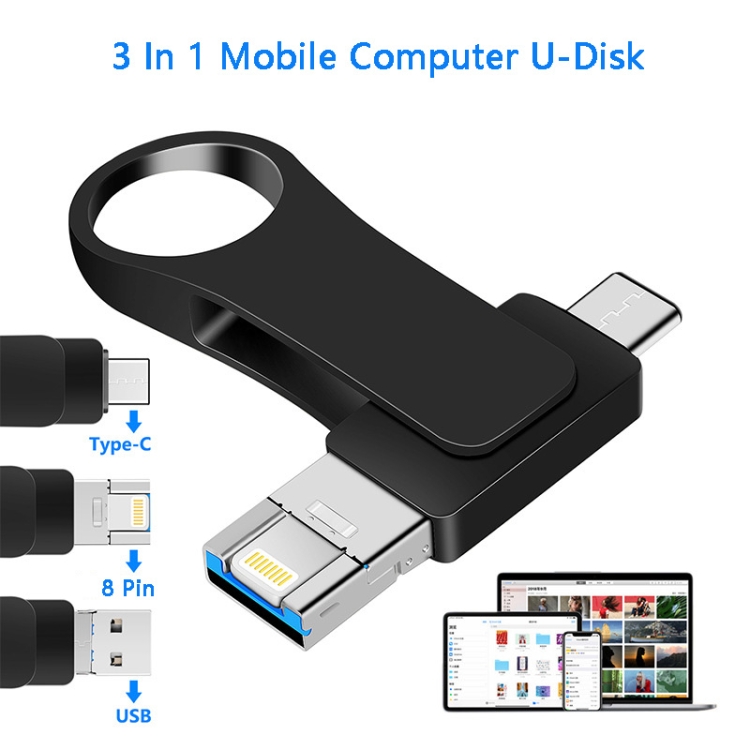 8GB USB 3.0 + 8 Pin + USB-C / Type-C 3 in 1 Mobile Computer Metal U-Disk(Black) 8GB USB 3.0 + 8 Pin + USB-C / Type-C 3 in 1 Mobile Computer Metal U-Disk(Black)