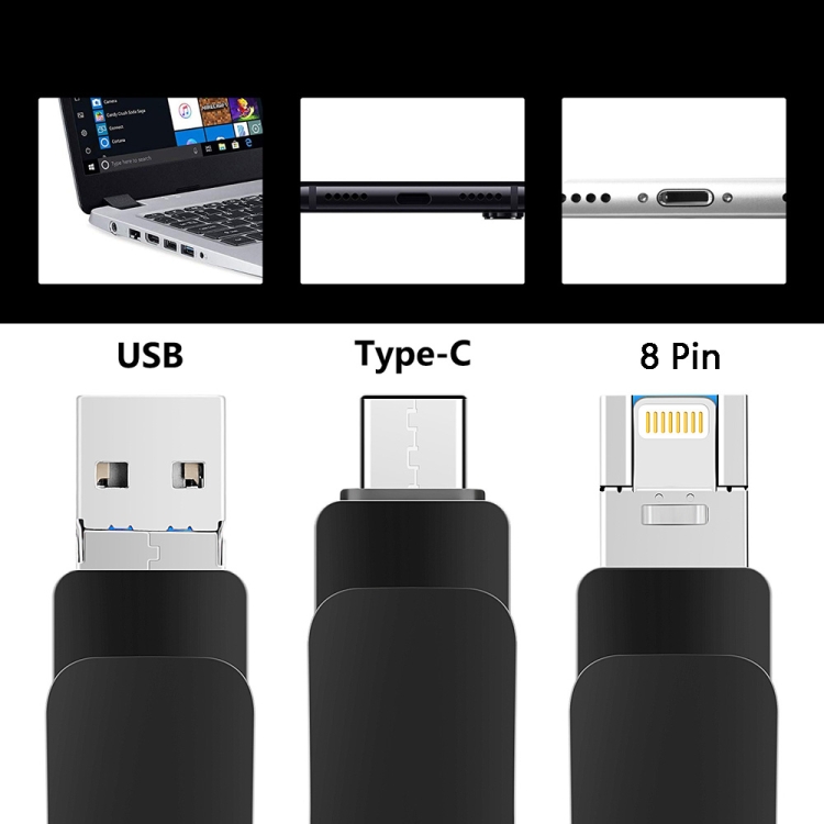 8GB USB 3.0 + 8 Pin + USB-C / Type-C 3 in 1 Mobile Computer Metal U-Disk(Black) 8GB USB 3.0 + 8 Pin + USB-C / Type-C 3 in 1 Mobile Computer Metal U-Disk(Black)
