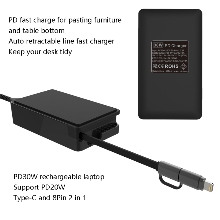 KP-A30 PD 30W Type-C / 8 Pin 2 In 1 Telescopic Cable Charger(US Plug) KP-A30 PD 30W Type-C / 8 Pin 2 In 1 Telescopic Cable Charger(US Plug)