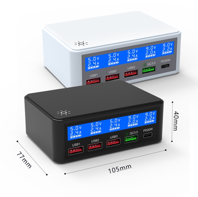 618 QC3.0 + PD20W + 3 x USB Ports Charger with Smart LCD Display, US Plug (Black) 618 QC3.0 + PD20W + 3 x USB Ports Charger with Smart LCD Display, US Plug (Black)