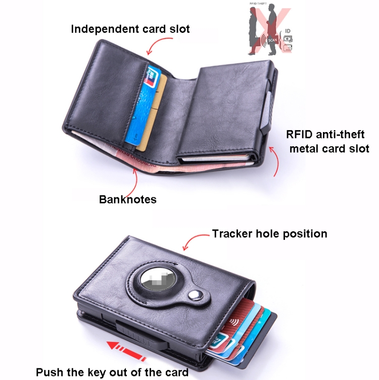 RFID Automatic Pop-Up Card Holder Multi-Function Locator Wallet For AirTag(Black) - B4