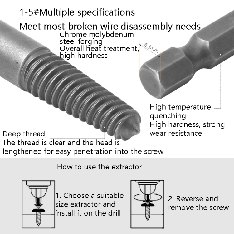 5 In 1 Long Thread+100mm Self-locking Pole Screw Extractor Six Corner ...