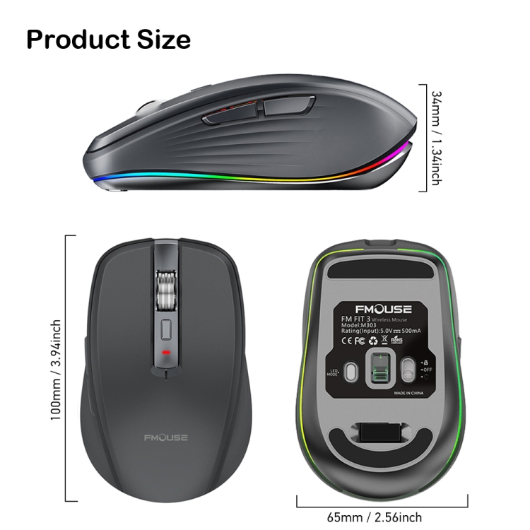 Fmouse M303 2400DPI Bluetooth&2.4G Dual Modes Rechargeable RGB Mouse(Gray) - B2