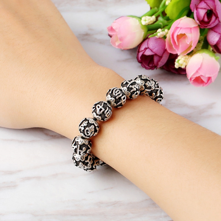 8mm Six Character Mantra Heart Sutra Thai Silver Bead Couple Bracelet - B4