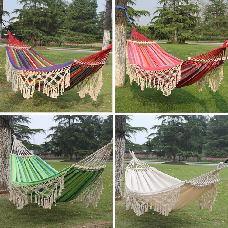 200x150cm Double Outdoor Camping Tassel Canvas Hammock with Stick(Colorful Stripes) - B1