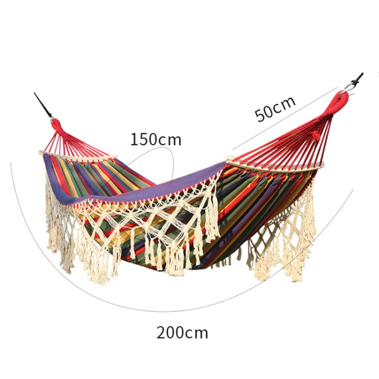 200x150cm Double Outdoor Camping Tassel Canvas Hammock with Stick(Colorful Stripes) - B2