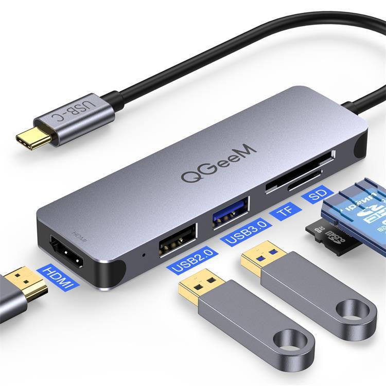 Qgeem QG-UH05-4 5 en 1 adaptador de hub de extensión tipo C Compatible con lector SD / TF (5 puertos) - B2