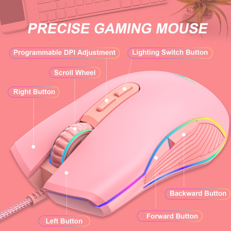 E32 7 Teclas 3200 DPI Girls Pink RGB Brillante Ratón con cable de ratón Ratón, Interfaz: USB - B4