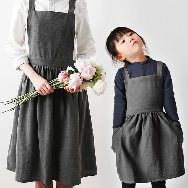 Cotton And Linen Parent-Child Painting Apron Baking Coffee Work Clothes,Size:  Adults (oat)