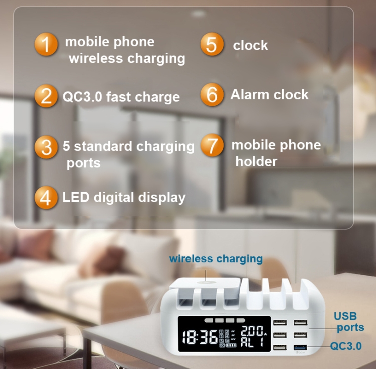 QC 3.0+5 USB Ports+QI Wireless Charging Multi-function Charger with Clock Function,EU Plug(Grey) QC 3.0+5 USB Ports+QI Wireless Charging Multi-function Charger with Clock Function,EU Plug(Grey)