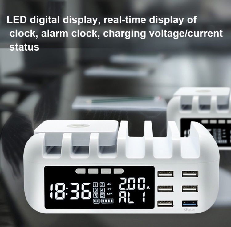 QC 3.0+5 USB Ports+QI Wireless Charging Multi-function Charger with Clock Function,EU Plug(Grey) QC 3.0+5 USB Ports+QI Wireless Charging Multi-function Charger with Clock Function,EU Plug(Grey)
