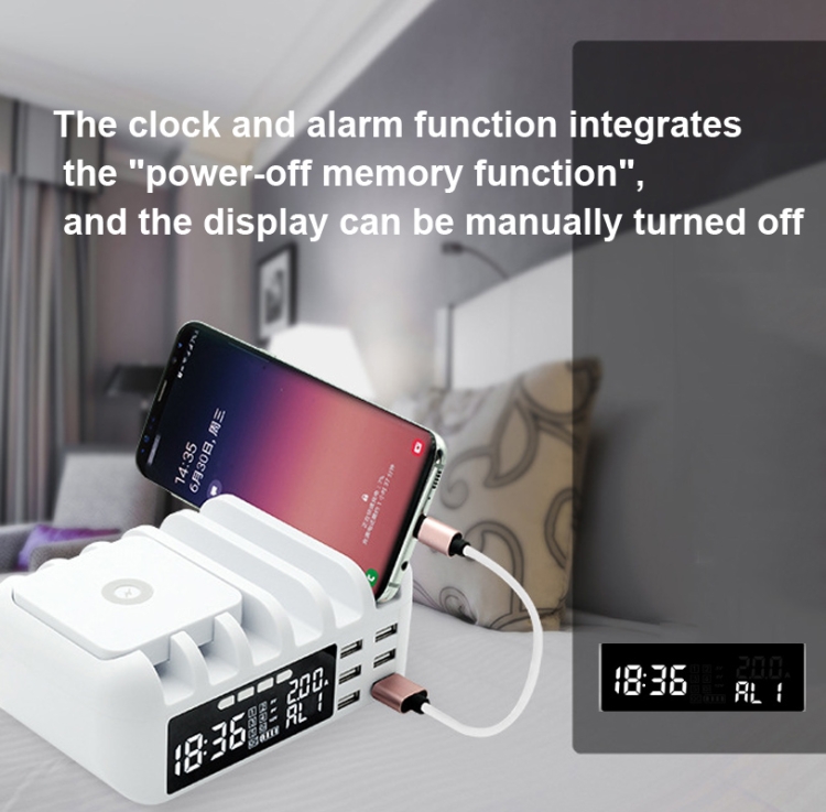 QC 3.0+5 USB Ports+QI Wireless Charging Multi-function Charger with Clock Function,EU Plug(Grey) QC 3.0+5 USB Ports+QI Wireless Charging Multi-function Charger with Clock Function,EU Plug(Grey)