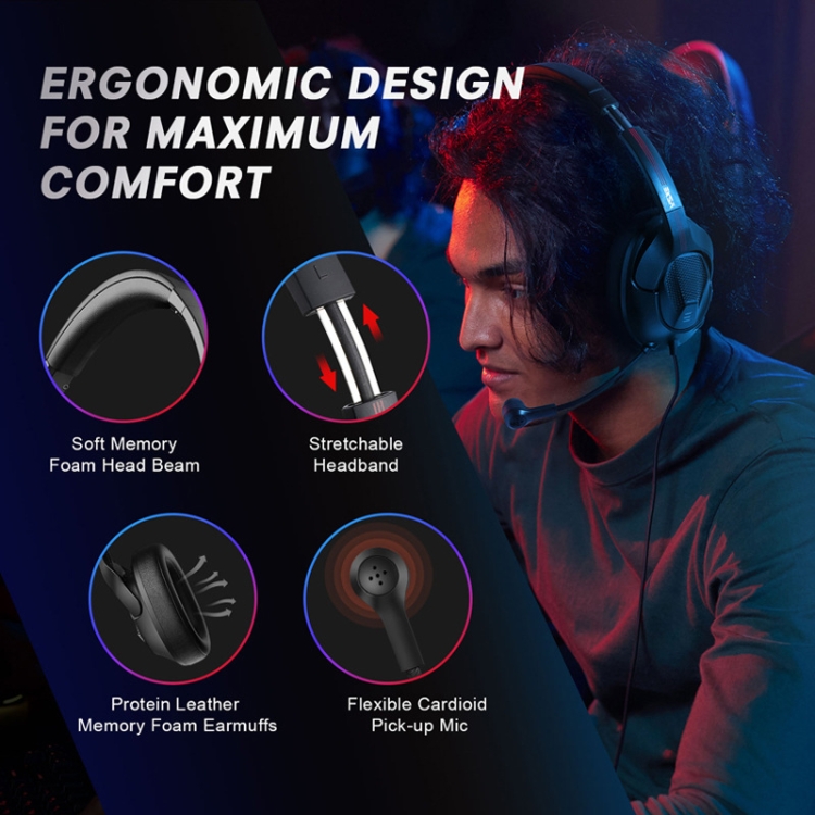 Eksa E3D Lightweight Ajustable Mic Gaming Auriculares con cable, Longitud del cable: 2M (Negro) - B3