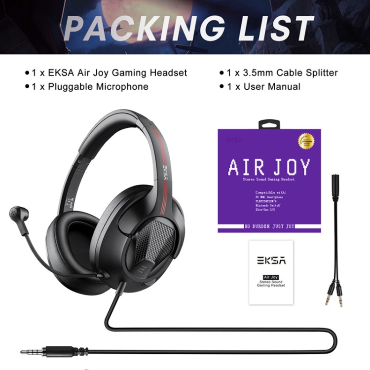 Eksa E3D Lightweight Ajustable Mic Gaming Auriculares con cable, Longitud del cable: 2M (Negro) - B6