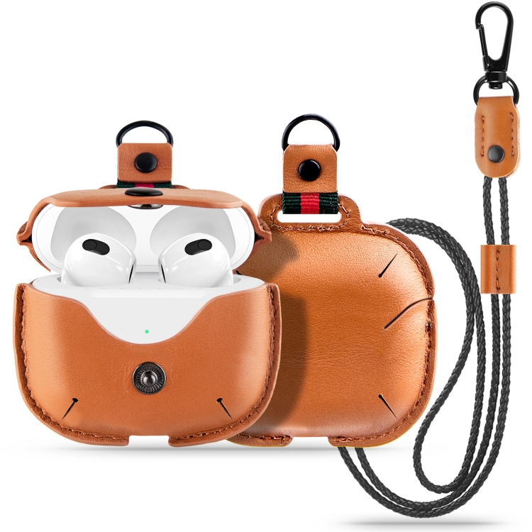 Earphone Cowhide Leather Sleeve Storage Box Protective Case with Lanyard For AirPods Pro(Black)