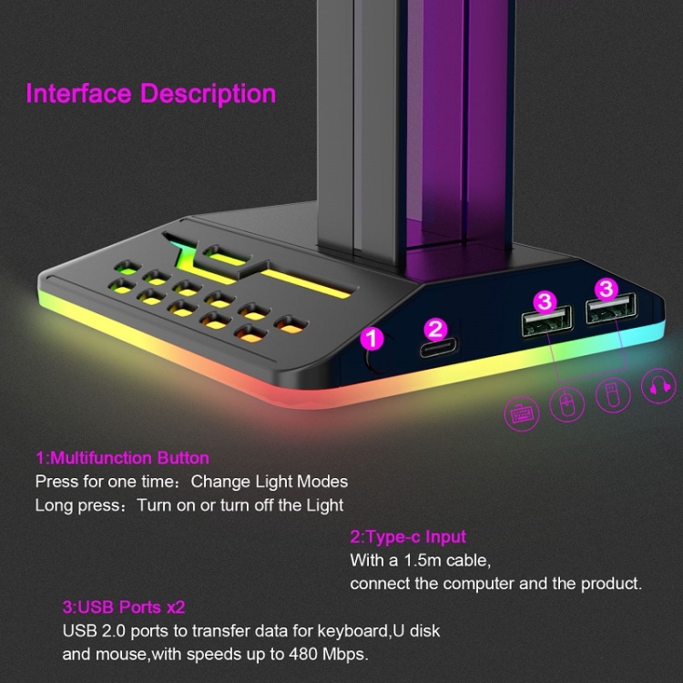 Dual USB RGB Color Changing Gaming Headset Stand (negro) - B3