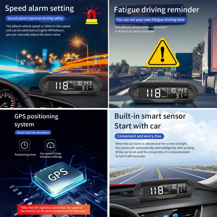 Voiture solaire HUD Tire Pression de surveillance GPS Speed ​​Time