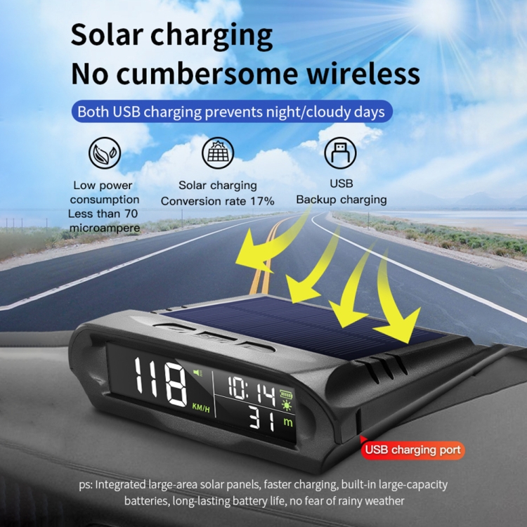 CAR Solar HUD Monitoreo de la presión del neumático GPS Tiempo de altitud de tiempo de velocidad (negro) - B5