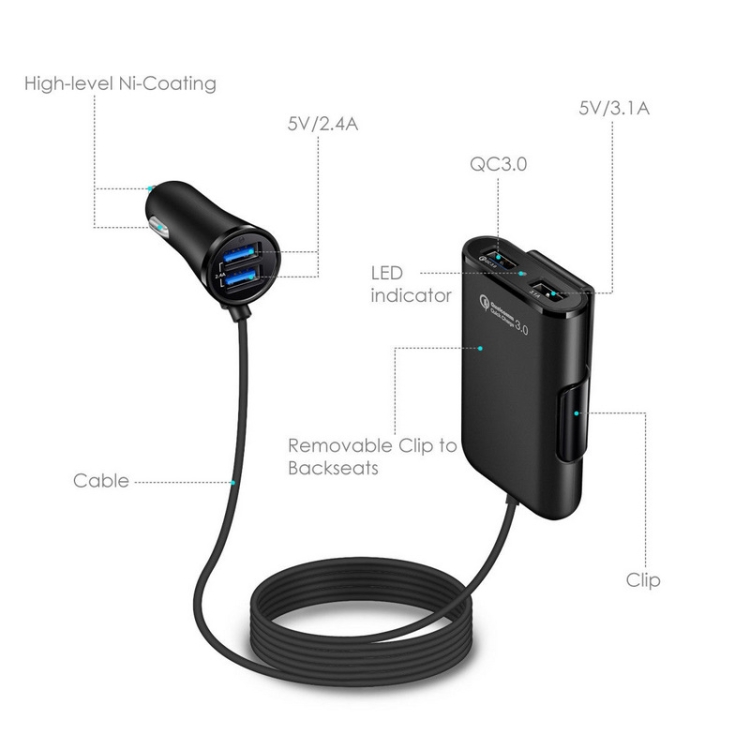2PCS QC3.0 Four Ports Fast 5V 8A Car Charger Back Seat Charger(Black) 2PCS QC3.0 Four Ports Fast 5V 8A Car Charger Back Seat Charger(Black)