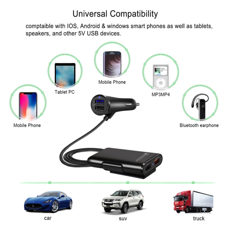 2PCS QC3.0 Four Ports Fast 5V 8A Car Charger Back Seat Charger(Black) 2PCS QC3.0 Four Ports Fast 5V 8A Car Charger Back Seat Charger(Black)