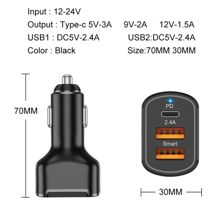 PD+2.4A Dual USB Car Charger, Style: 3 Ports (Black) PD+2.4A Dual USB Car Charger, Style: 3 Ports (Black)