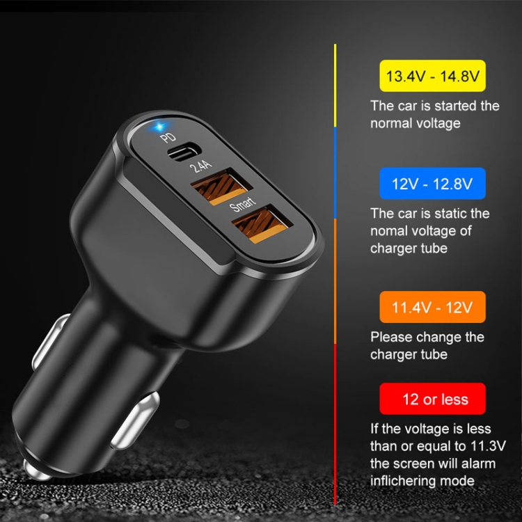 PD+2.4A Dual USB Car Charger, Style: 3 Ports (Black) PD+2.4A Dual USB Car Charger, Style: 3 Ports (Black)
