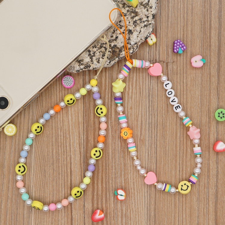 Imitation Pearl Mobile Phone Chain Smiley Beaded Soft Pottery Love Mobile Phone Chain(Qt-k210095c)