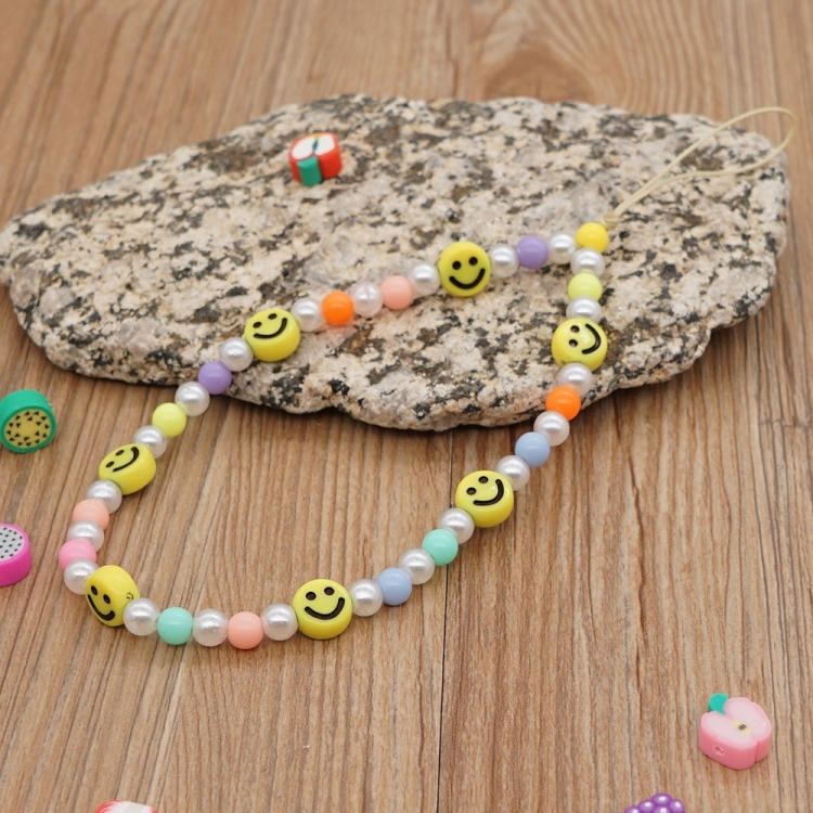 Imitation Pearl Mobile Phone Chain Smiley Beaded Soft Pottery Love Mobile Phone Chain(Qt-k210095c)