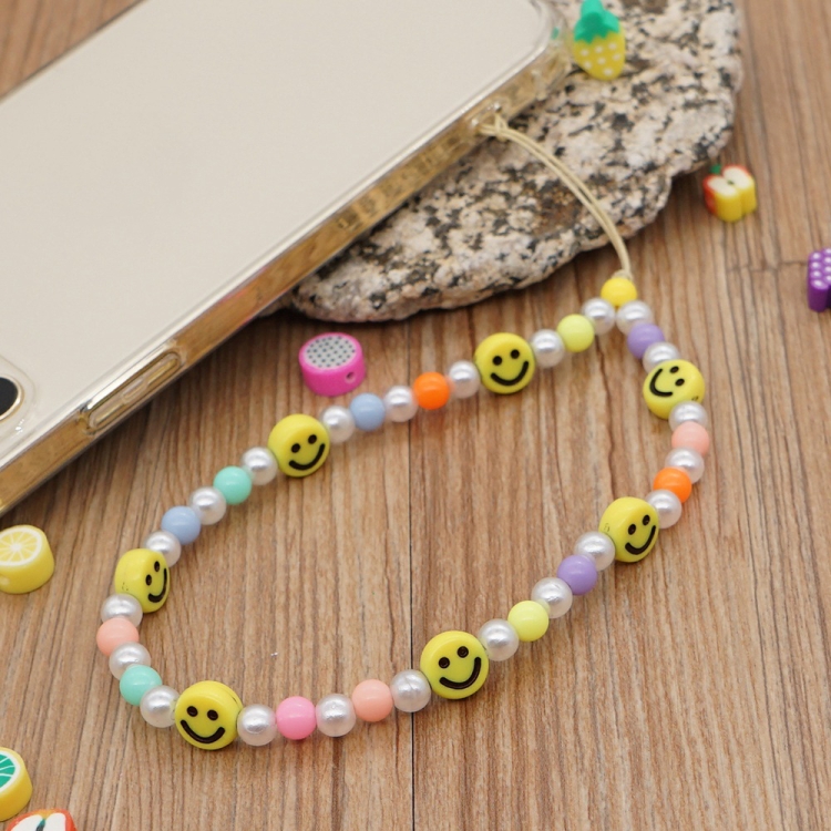 Imitation Pearl Mobile Phone Chain Smiley Beaded Soft Pottery Love Mobile Phone Chain(Qt-k210095c)