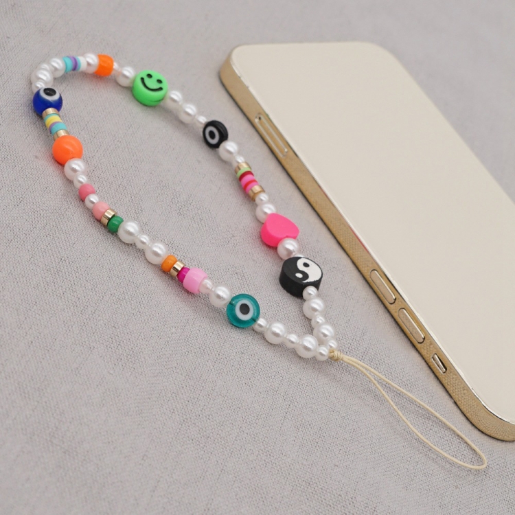 Imitation Pearl Mobile Phone Chain Smiley Beaded Soft Pottery Love Mobile Phone Chain(Qt-k210095c)