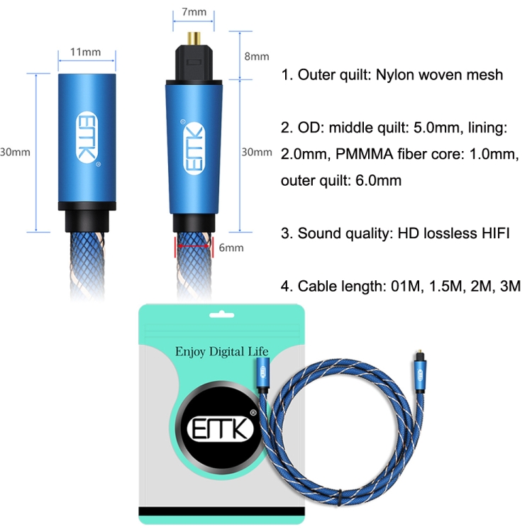 Cable de extensión de audio óptico digital emparejado EMK macho a hembra SPDIF, longitud del cable: 1 m (azul) - B5