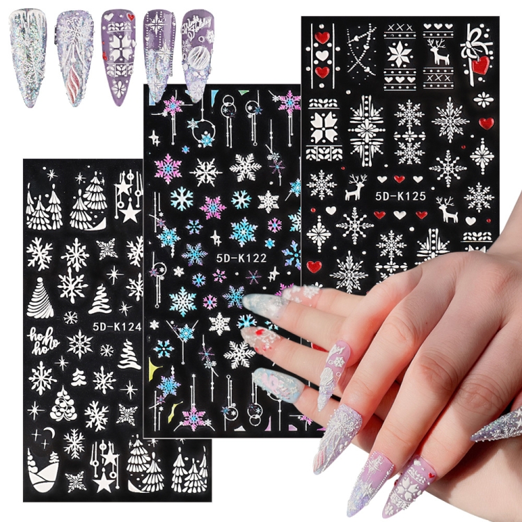 3 PCS 5D Embossed Nail Stickers Christmas Snowflake Elk Nail Stickers(5D- K125)