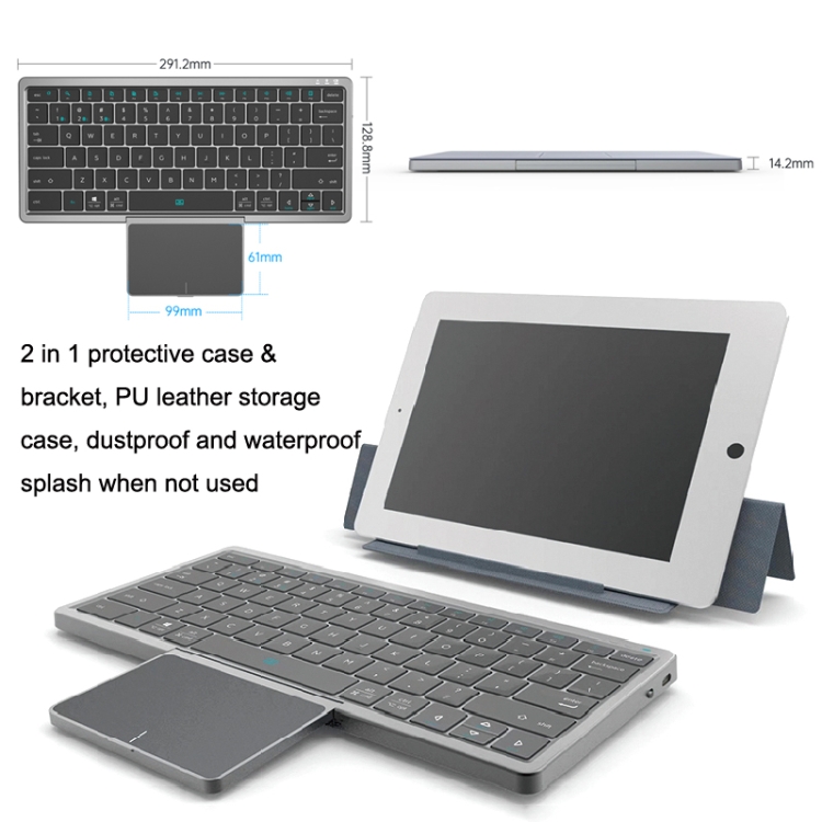 KF8700 78 Keys Hidden Touchpad Portable Tablet Computer Wireless Bluetooth Keypad With PU Leather(Black) - B2