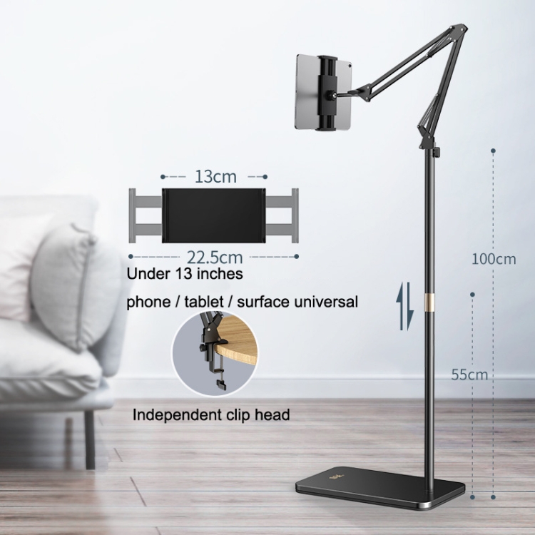 SSKY L10 Home Cantilever Ground Phone Holder Tablet Support Holder, Style: Retractable+Desktop Clip (Black) SSKY L10 Home Cantilever Ground Phone Holder Tablet Support Holder, Style: Retractable+Desktop Clip (Black)
