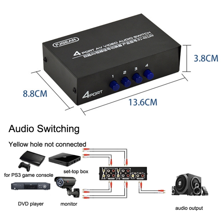 FJGEAR FJ-401AV Lotus Head Interface Conmutador de audio y video AV de 4 vías (Negro) - B4