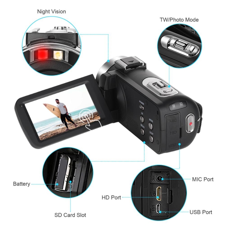 KOMERY K1 5600PX 16X Zoom 4K HD Digital Video Camera With Hot Shoe