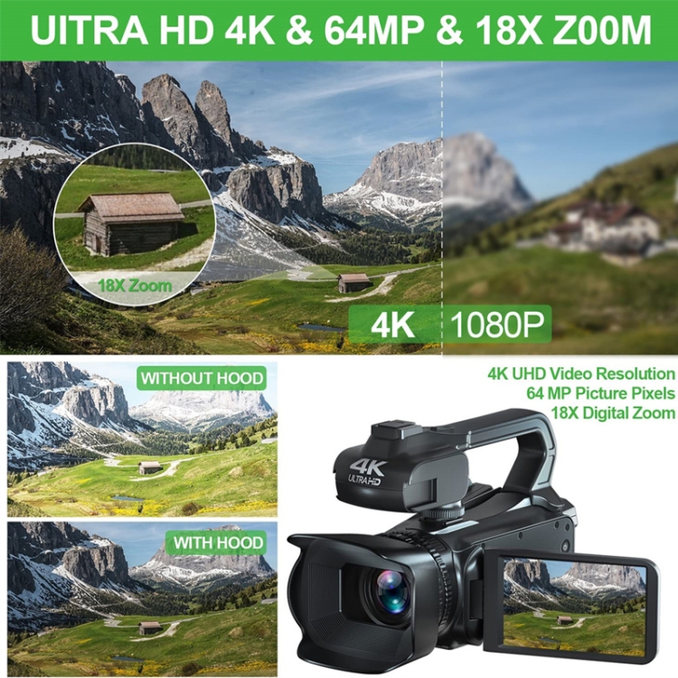 KOMERY RX200 64MP 18X Zoom 4-Inch Touch Screen Handheld Digital Video Camera(Black) - B3
