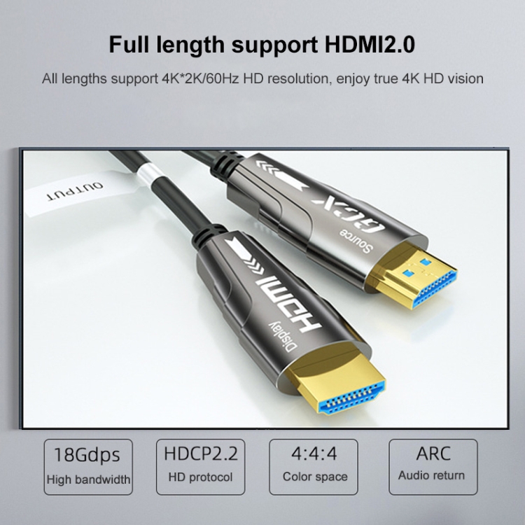 Cable óptico activo HDMI 2.0 macho a HDMI 2.0 macho 4K HD, longitud del cable: 30 m - B2