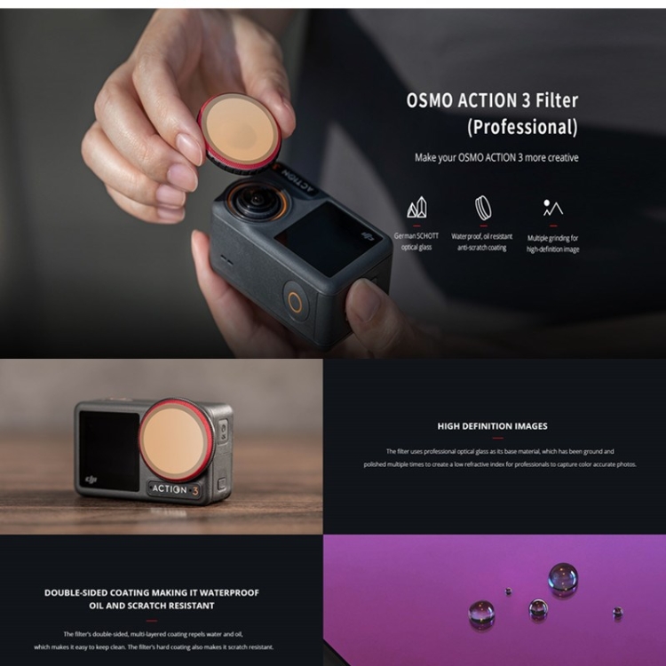 PGYTECH para DJI OSMO Action 3 Filter Camera Lens Pro Version, Especificaciones: UV - B2