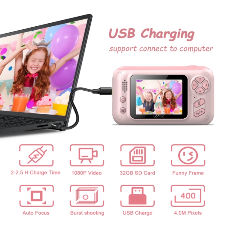 Cámara SLR de fotos reversible HD para niños de 2,4 pulgadas, color: rosa - B2