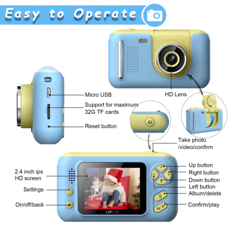 Cámara SLR de fotos reversible HD para niños de 2,4 pulgadas, color: amarillo azul - B3