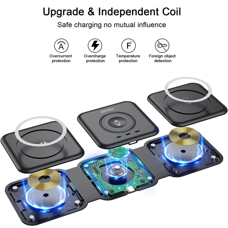 QGeeM WC07 3 In 1 Foldable Magnetic Phone Wireless Charger, US Plug(Black) QGeeM WC07 3 In 1 Foldable Magnetic Phone Wireless Charger, US Plug(Black)